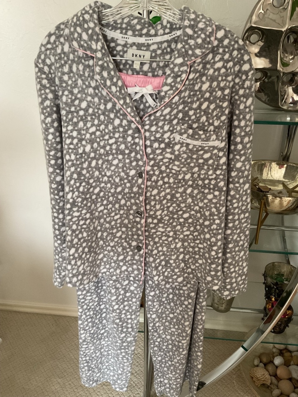 DKNY Gray & White Speckled Pajama Set with Pink Trim